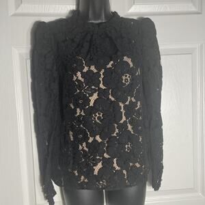 WAYF Lace Blouse Womens Small Black Floral Sheer Attached Tan Cami Mock Neck Top